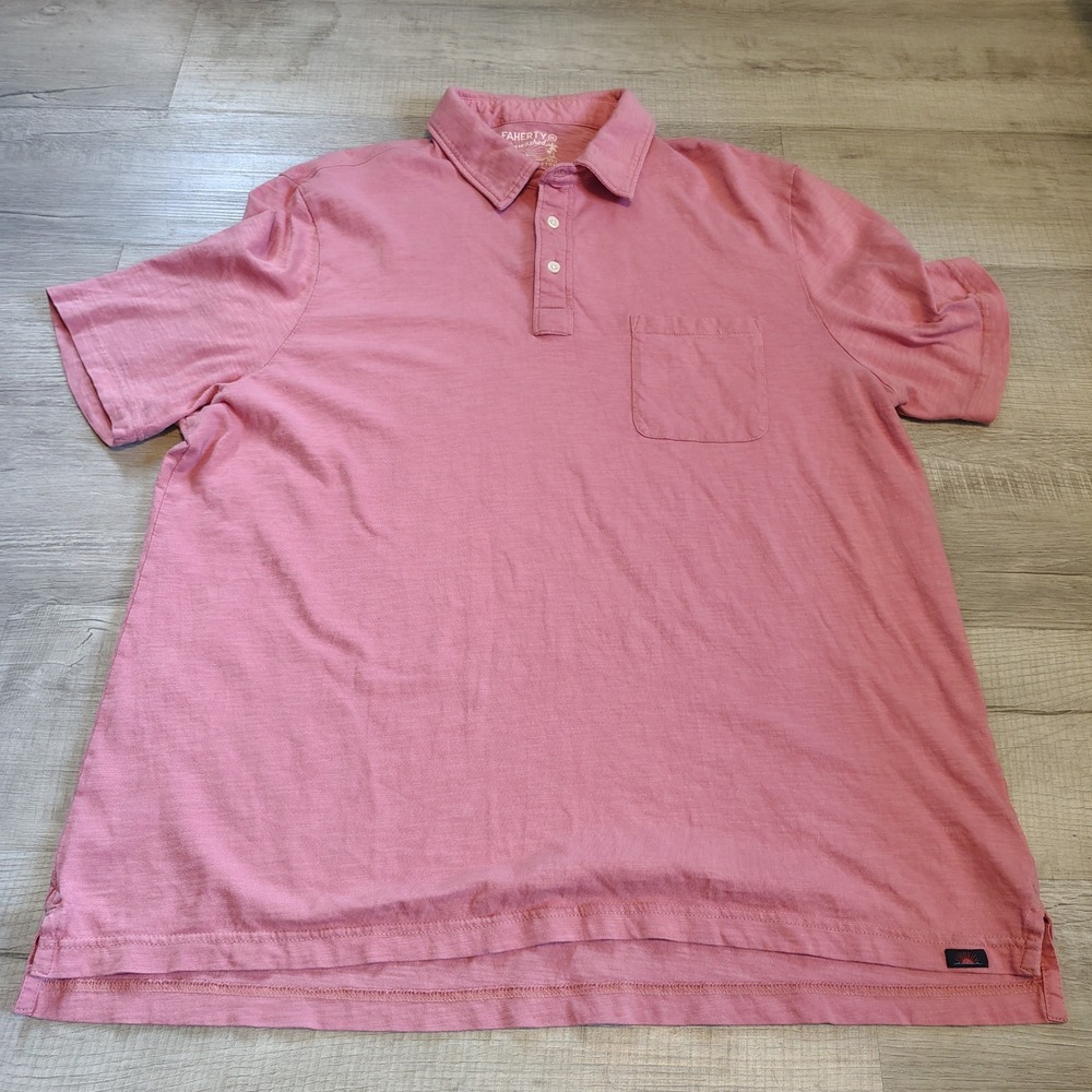 Faherty Sunwashed Organic Cotton Polo Shirt Pink XXL Mens Short Sleeve Pocket - Picture 2 of 8